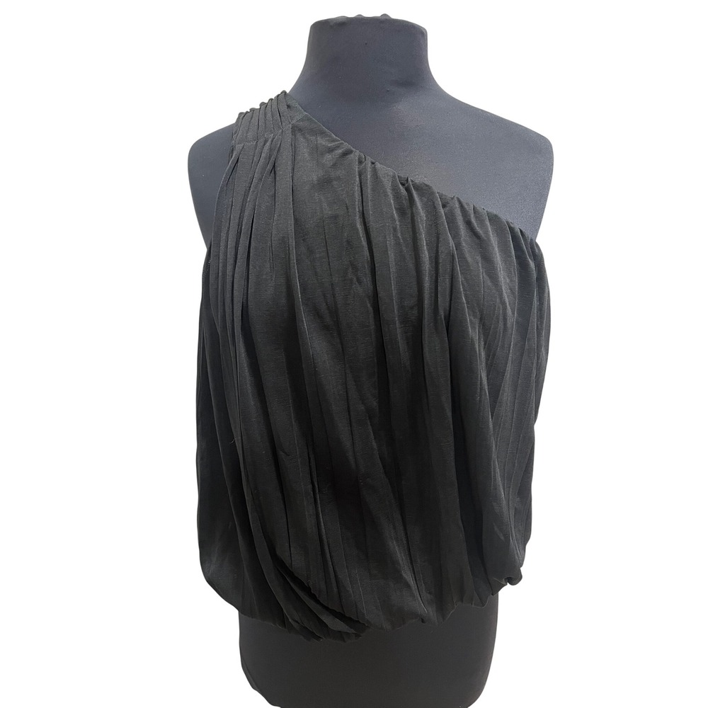 Free People Black One Shoulder Pleated Bubble Hem Blouse Top Medium